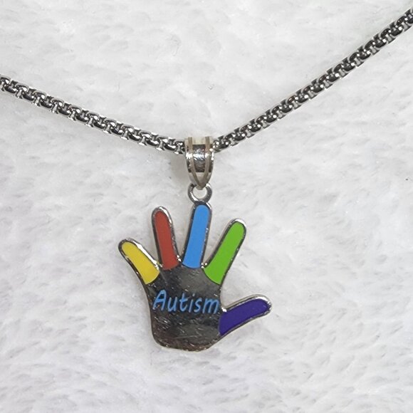 19 Inch Ice Carats 925 Sterling Silver Autism Awareness Handprint Necklace - Picture 1 of 5